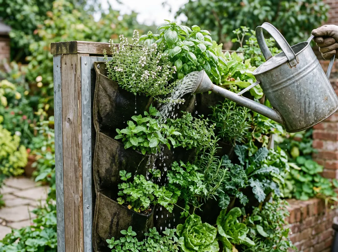 Arrosoir arrosant le haut d’un mur de potager vertical, l’eau ruisselant vers le bas