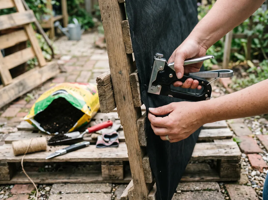 Mains agrafant un feutre géotextile sur une palette pour fabriquer un potager vertical