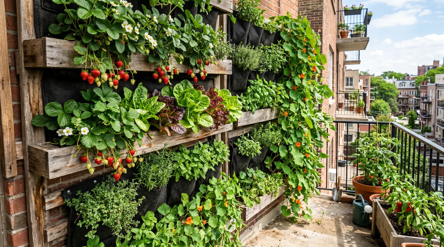Potager vertical luxuriant sur un mur de balcon urbain avec fraises, salades et aromates