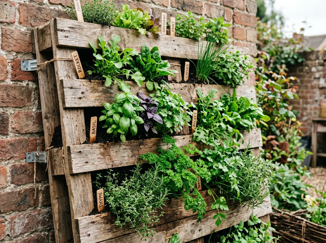 Potager vertical fabriqué à partir d’une palette en bois plantée d’aromates et salades