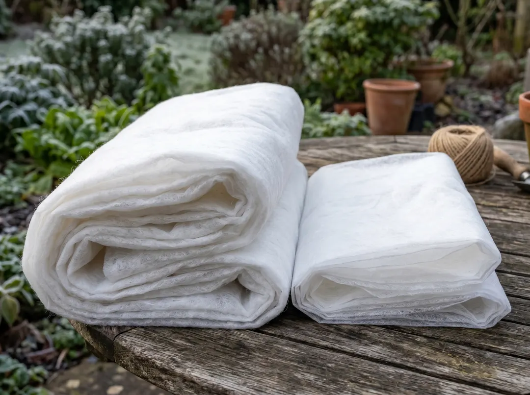 Voiles d'hivernage de différentes épaisseurs pliés sur une table de jardin