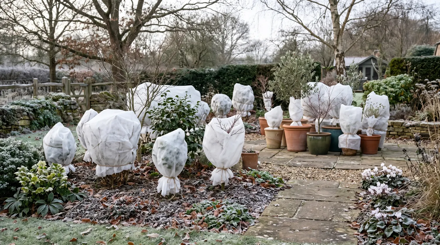Arbustes et pots du jardin emballés dans un voile d'hivernage blanc contre le gel
