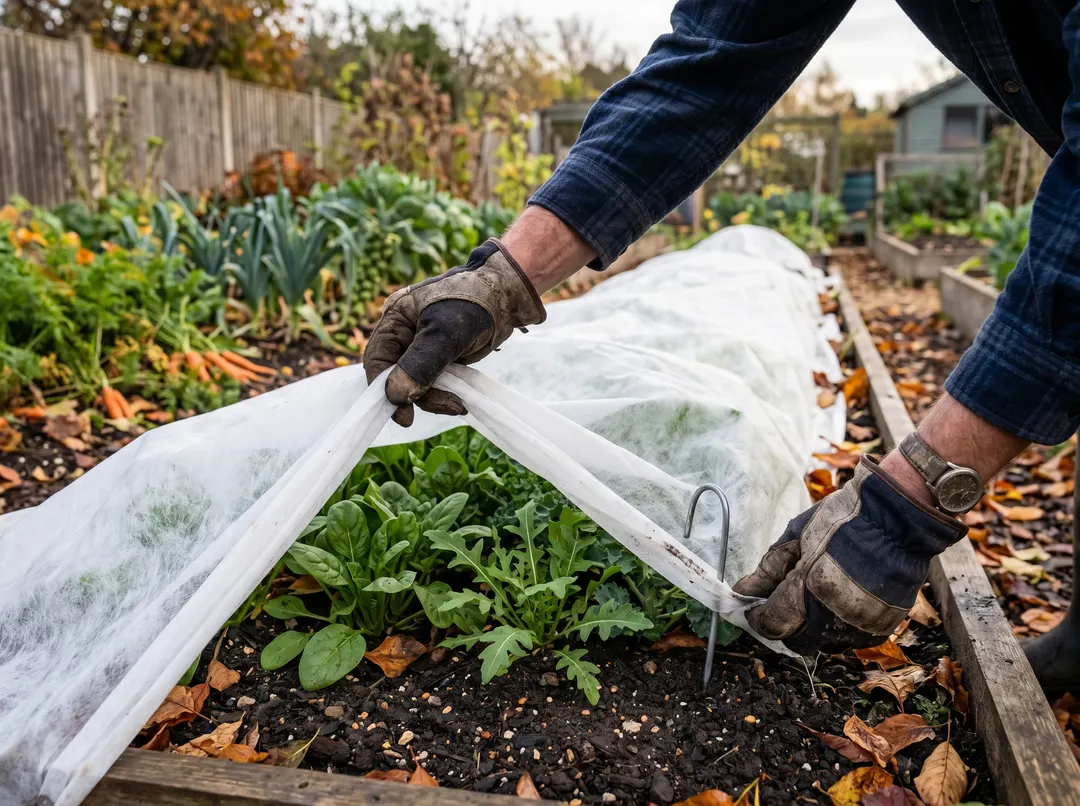 Pose d'un voile d'hivernage blanc sur un rang de légumes au potager